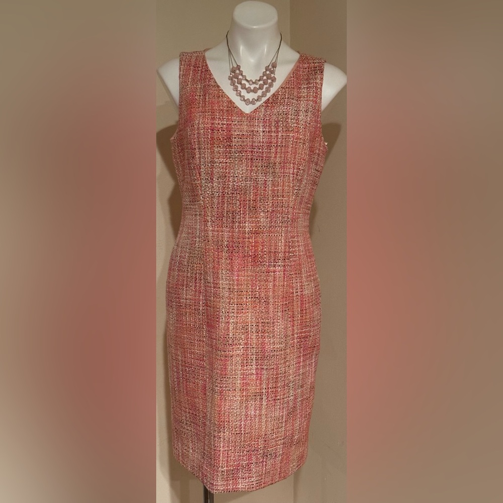 TALBOTS Pink Orange White Multi-Color Tweed V Neck Fully Lined Midi Dress Sz 8